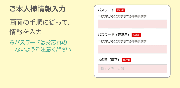 ご本人様情報入力　画面の手順に従い、情報を入力 ※パスワードはお忘れのないようご注意ください